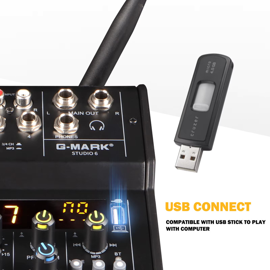 G-MARK Studio 6 Bluetooth DJ-Konsole mit Mikrofon und 48V USB-Schnittstellen, tragbarer Audio-Sound-Mixer in Schwarz - Bild 3