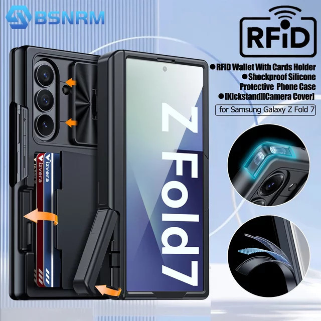 BANGZAO Geldbörse-Hülle für Samsung Galaxy Z Fold 7 mit RFID-Kartenhalter, Kameraabdeckung und stoßfestem Silikon in Schwarz - Bild 1