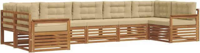 vidaXL Sofagarnitur aus Massivholz Akazie in Natur und Beige, 7-teiliges L-Shape Set mit Sitz- und Rückenkissen - Bild 1
