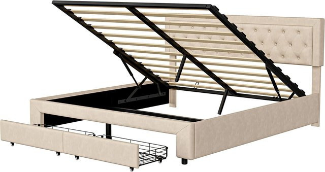 PXloue Polsterbett mit Stauraum aus Samt in Beige, B/T/H: 161 x 203 x 103 cm - Bild 1