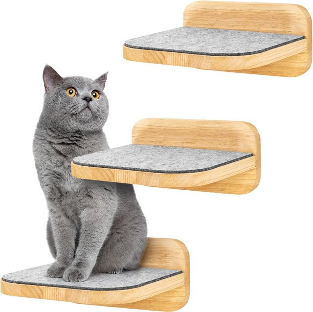 HAPPYPET Katzentreppen 3er-Set für Wandmontage aus nachhaltigem Hartholz mit rutschfestem Filzbezug in Natur, 3 Stufen - Bild 1