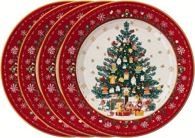 VIKAMA 4er Set Weihnachts-Platzsets aus Leinen mit Schneeflocken- und Kiefernmuster in Rot, Durchmesser: 38 cm - Bild 1