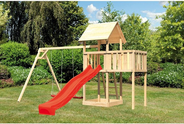 Karibu Spielturm Lotti aus Fichtenholz mit Doppelschaukel, Anbauplattform und Rutsche in Rot - Bild 1