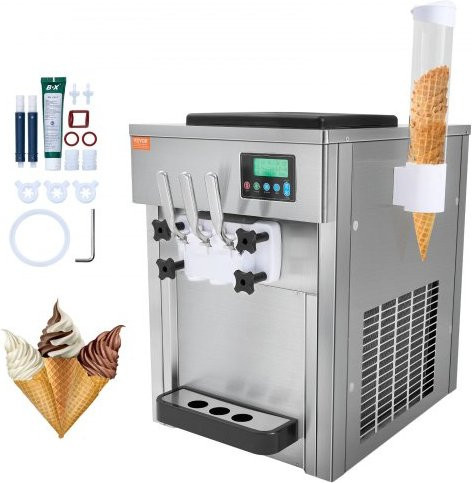 VEVOR Kommerzielle Softeismaschine mit 3 Geschmacksrichtungen, 1800W, Silber, 2 x 4L Trichter und 2 x 1,8L Zylinder, mit LCD-Panel, Automatischer Reinigung und Vorkühlung - Bild 1