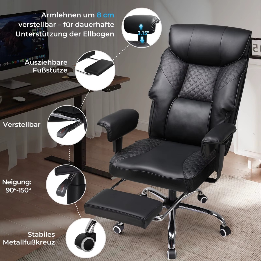 COMHOMA Gaming Stuhl in Schwarz, ergonomischer Bürostuhl mit Fußstütze und Kopfstütze für große und schwere Personen bis 180 kg, verstellbares Design mit 3D Sitzkissen und Armlehnen - Bild 5