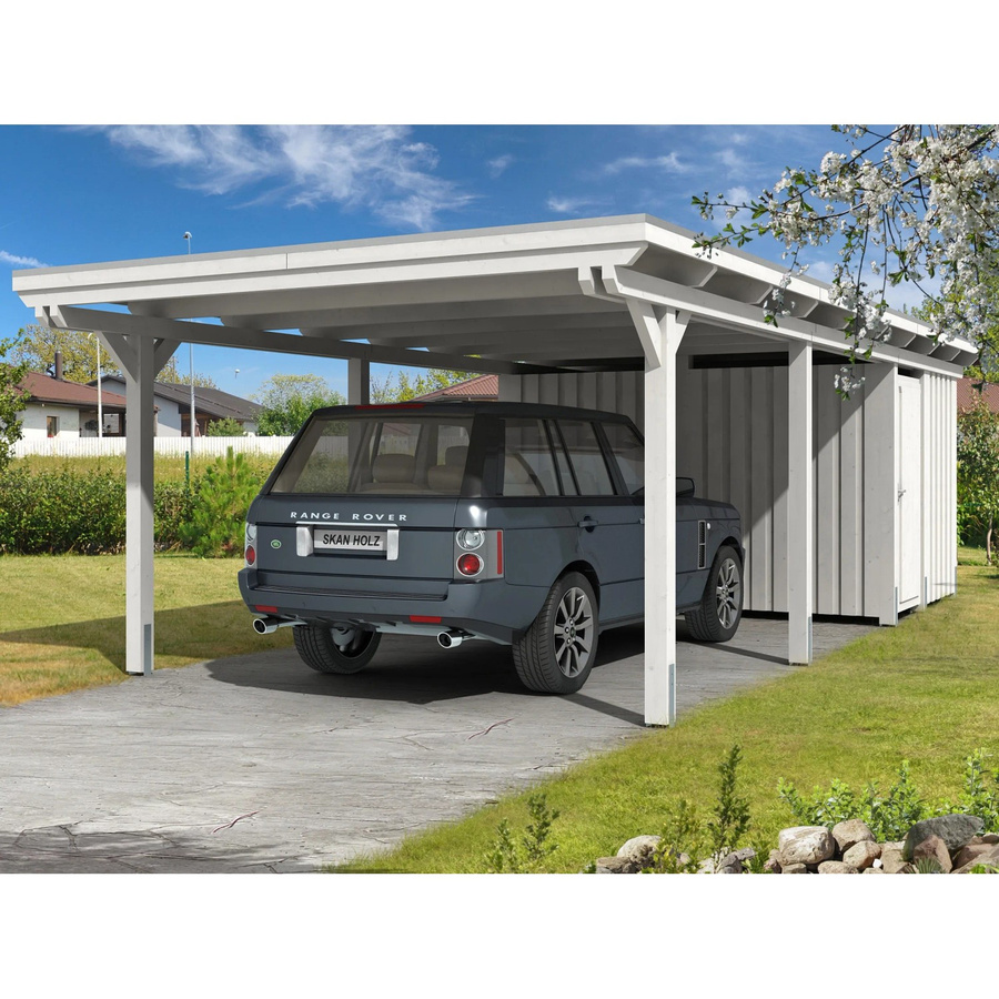 Skan Holz Einzelcarport Emsland aus Leimholz mit Abstellraum, Farbe: Weiß, B/T: 404 x 846 cm, Firsthöhe: 242 cm - Bild 2