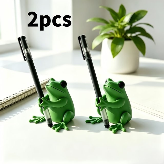 Niedliches Frosch-Stifthalter-Set aus Kunstharz in Grün und Grau als lustiger Schreibtisch-Organizer - Bild 1