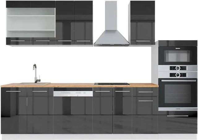 Vicco Fame-Line Küchenzeile in Anthrazit Hochglanz und Weiß mit Hochschrank Eiche, Breite: 300 cm - Bild 1