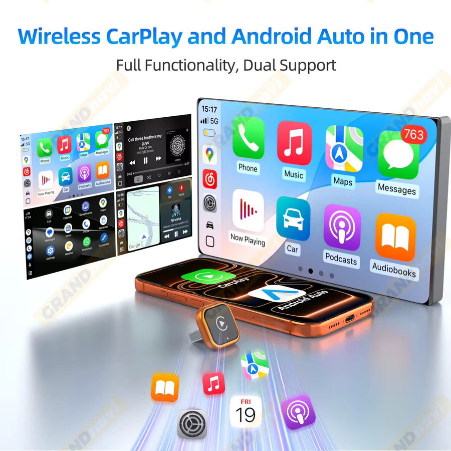 Grandnavi 2in1 Wireless Carplay und Android Auto Adapter in Orange und Schwarz für iPhone und Android Smartphones - Bild 2