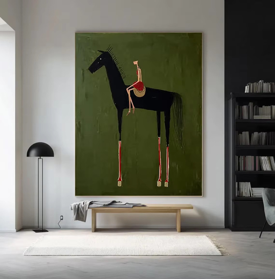 Abstraktes Pferde-Reiter-Gemälde von SHENCHEN in Grün und Braun als minimalistisches Leinwandbild für deine Wanddekoration - Bild 4