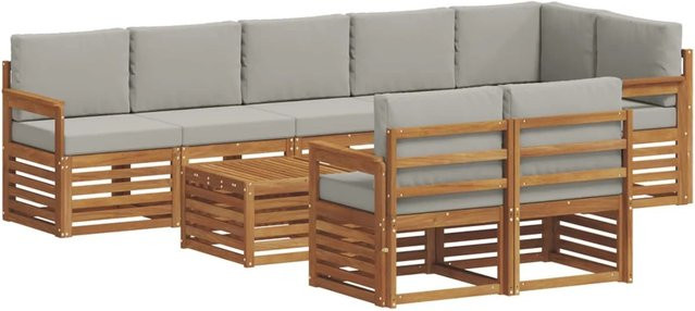 vidaXL Sofagarnitur 9-teilig aus Massivholz Akazie in Natur und Hellgrau, U-Form mit Polsterkissen - Bild 1
