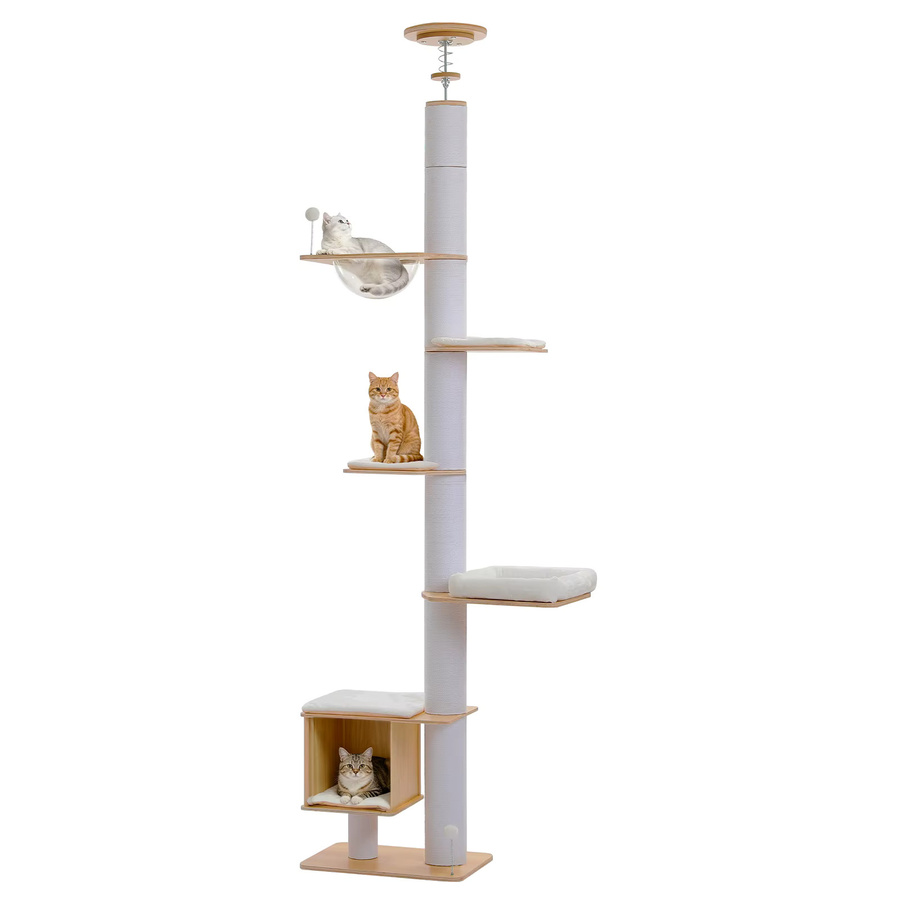 PAWZ Road Moderner Katzenbaum aus Holz in Weiß mit höhenverstellbarem Katzenturm, Acryl-Kapsel, Höhle und Sisal-Kratzpfosten - Bild 3
