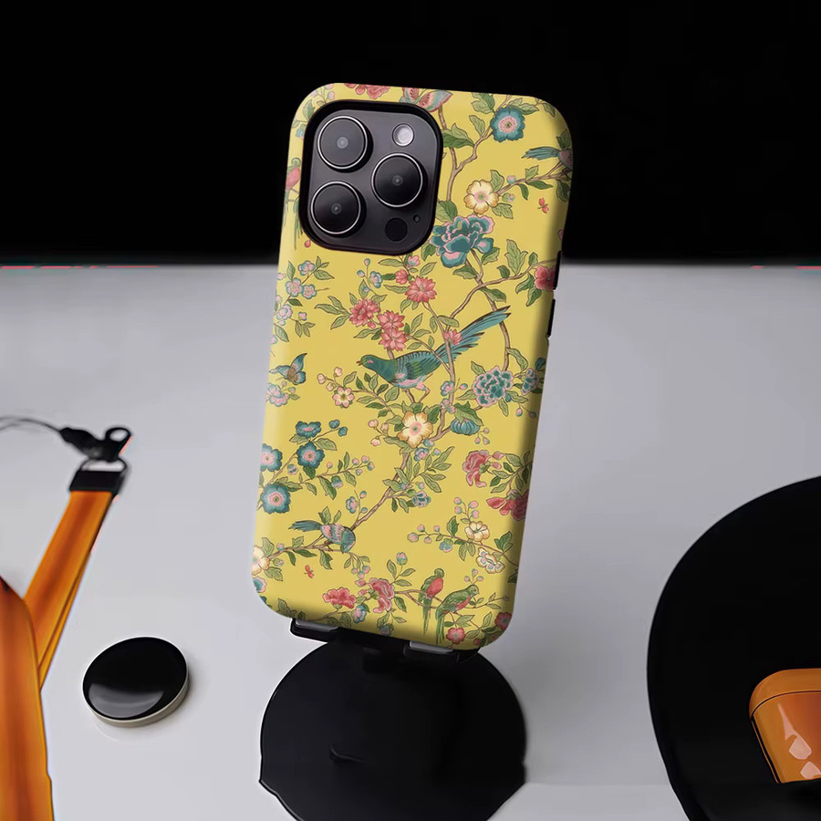 Aurbe Matte 2-in-1 MagSafe Hülle mit Vintage Blumen & Vogel Design für iPhone 17 16 15 14 Plus Pro Max, Gelb, Stoßfeste Hartschale - Bild 4