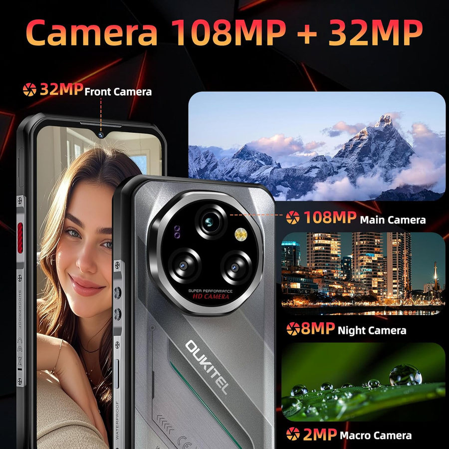 OUKITEL WP62 5G Smartphone mit 512 GB Speicher, 12 GB RAM, 11000 mAh Akku, 6.58 Zoll Display und 108 MP Kamera in Schwarz mit Android 15 - Bild 4