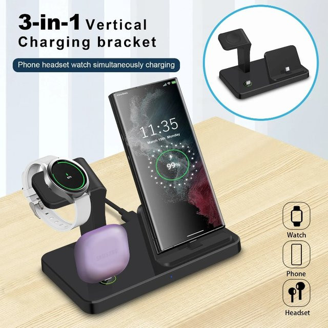 VIKEFON 3-in-1 USB-C Schnellladestation und drahtloser Ladeständer für Samsung Galaxy Watch 6 5 Pro, S23 Ultra, S22, S21 sowie Xiaomi und Huawei in Schwarz - Bild 1
