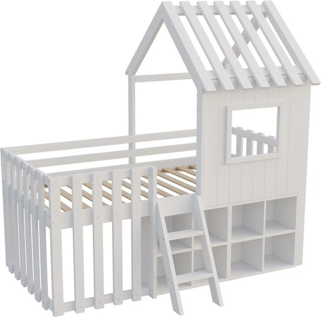 Merax Hausbett für Kinder aus Holz und MDF in Weiß mit Dach, Fenster und Leiter, B/T/H: 204,5 x 90 x 120 cm - Bild 1