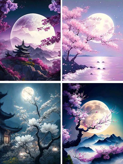 YUTTEE Diamantstickerei Set Mond Landschaft mit Baum und Blumen als Mosaik Malerei für Kreuzstich Handarbeiten - Bild 1