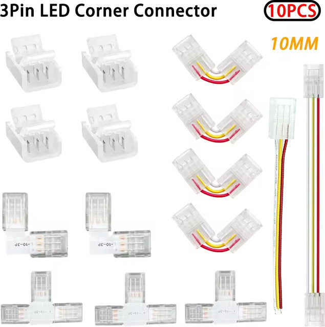 YSRSAI 10er Set LED Eckverbinder L/T Form in Transparent, 10mm 3Pin lötfreier Stecker für WS2811 und WS2812B LED-Streifen - Bild 1