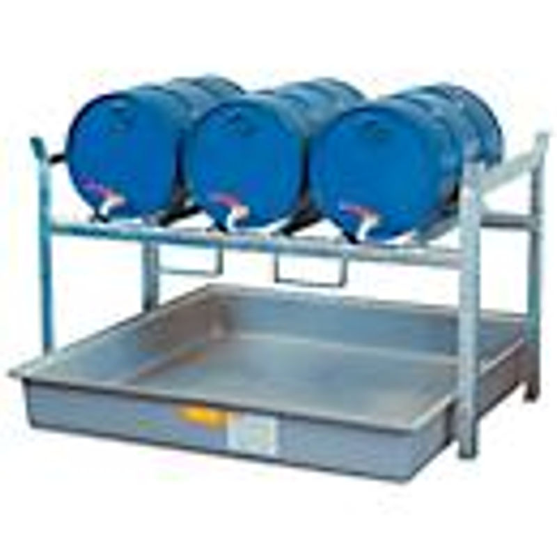 CEMO Fassregal Typ 800 Variante 5 in Grau mit Fassauflage für 3 x 60 l Fässer und GFK-Auffangwanne 220 l, B: 128 cm, T: 141 cm, H: 84 cm - Bild 2