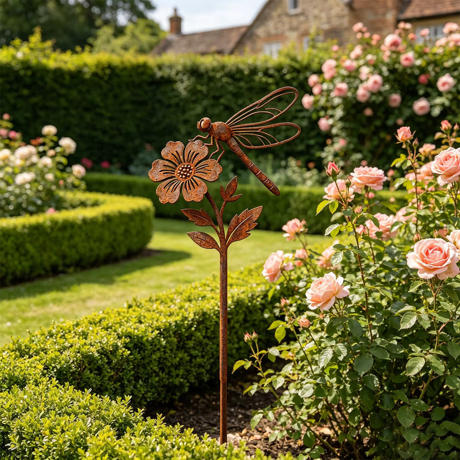 Schmiedeeiserner Gartendekorationspfahl mit Libellen- und Blumenmotiv in Rostbraun - Bild 2
