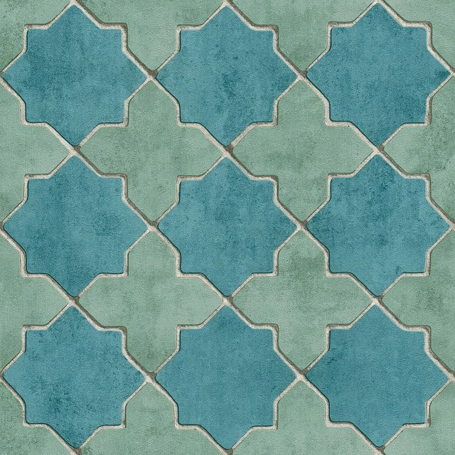 Profhome Grafik Tapete Geometrisch Matt in Blau Grün Beige, Vlies-Tapete, Breite: 0,53 m, Länge: 10,05 m - Bild 1