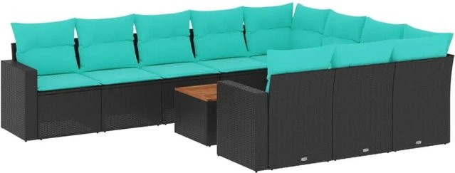 vidaXL 11-teilige Garten-Sofagarnitur aus Poly-Rattan und Akazienholz in Schwarz mit blauen Kissen - Bild 1