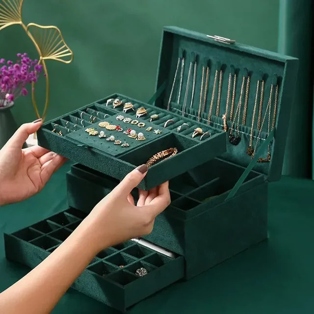 ANGLANG Schmuckkasten für Damen mit Schloss aus Samt, 3-schichtiger Schmuck Organizer für Ringe und Halsketten, Schwarz oder Grün - Bild 1