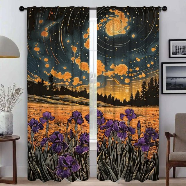 Lila Iris Blumen Vorhänge für dein Wohnzimmer, 2er-Set mit floralem Design, halbtransparent, Breite: 50 cm, Höhe: 70 cm pro Panel - Bild 1