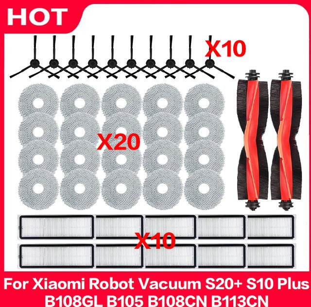 QIXIAO Ersatzteil-Set für Xiaomi Roboter-Staubsauger S20 Plus, S10 Plus, B108GL, B105, B108CN und B113CN mit Hauptbürste, Seitenbürsten, Filtern und Wischzubehör in Multicolor - Bild 1