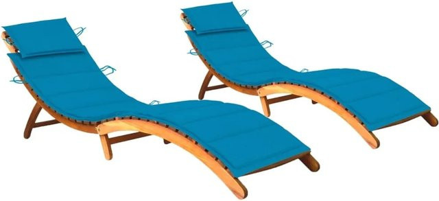vidaXL Sonnenliegen Set aus 2 Stück aus Akazien-Massivholz mit blauen Auflagen - Bild 1