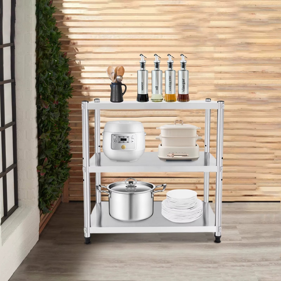 Bymaocar 3-stufiges Küchenregal aus Edelstahl in Silber und Weiß mit verstellbaren Ablagen als Arbeitstisch und Aufbewahrungsorganisator für die professionelle Gastronomie - Bild 2