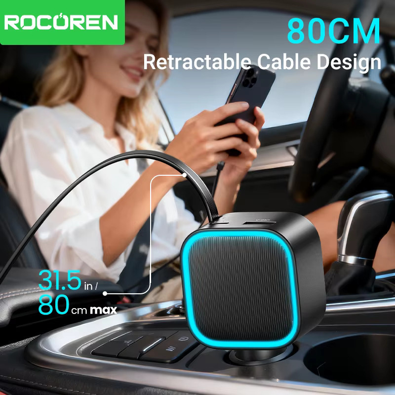 Rocoren 3-in-1 Einziehbares Autoladegerät PD 30W in Schwarz mit USB-Typ-C und 2C+A Anschlüssen - Bild 2