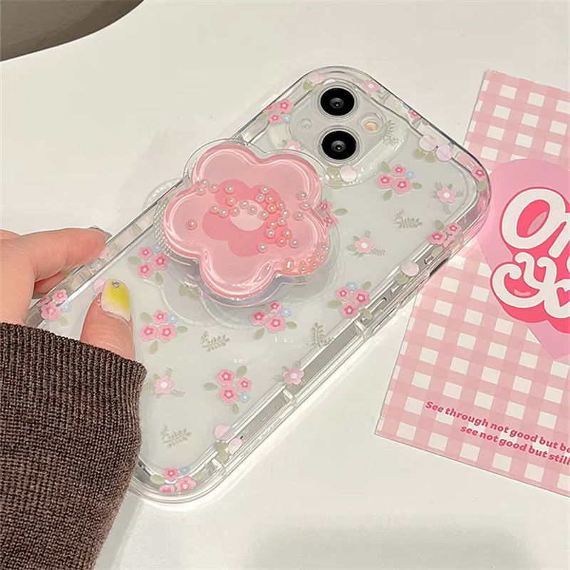 Transparente Handyhülle mit rosa Blumenmuster und integriertem Ständer für iPhone Modelle, Pink/Transparent - Bild 2
