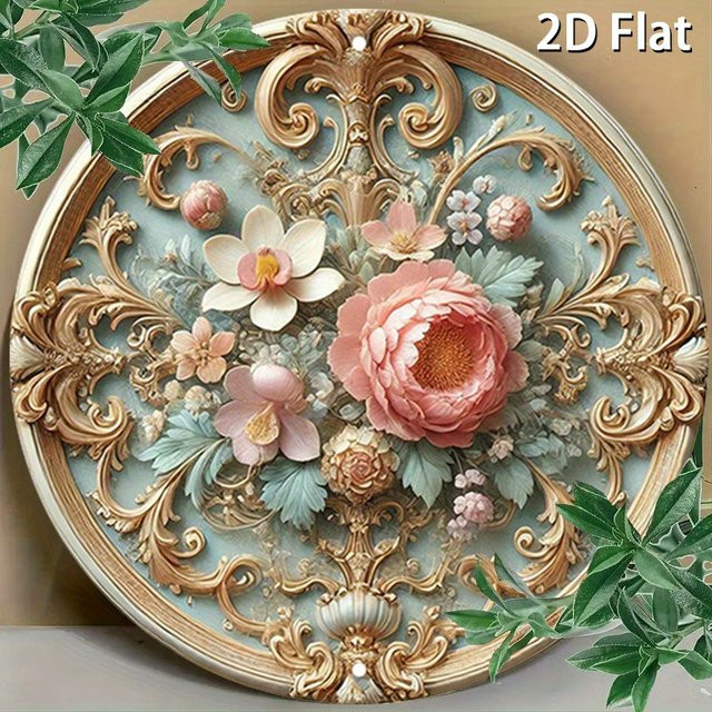 Potdemiel Vintage Wandkunst aus Aluminium mit Pfingstrosen und Blumenmuster in Gold und Pink, rund, Durchmesser: 20 cm - Bild 1