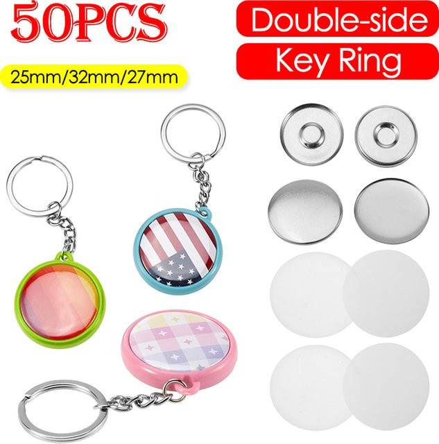 50er Set doppelseitige Schlüsselanhänger-Anstecknadeln in Silber aus Metall mit 25mm, 32mm und 37mm für DIY Bastelzubehör - Bild 1
