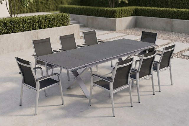 Kettler BasicPlus Garten-Essgruppe in Silber und Anthrazit mit ausziehbarem Tisch und 8 Stapelsesseln, Tisch B: 180 bis 280 cm, T: 100 cm, H: 78 cm - Bild 1