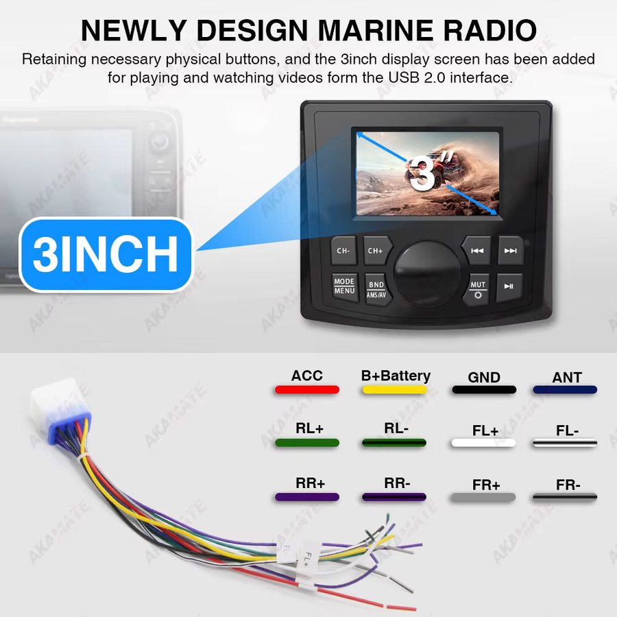AKAMATE Marine Radio MP5 Bootsradio mit 3 Zoll Display, Wasserdicht IPX5, Bluetooth, AUX, AM/FM/RDS, Schwarz - Bild 3