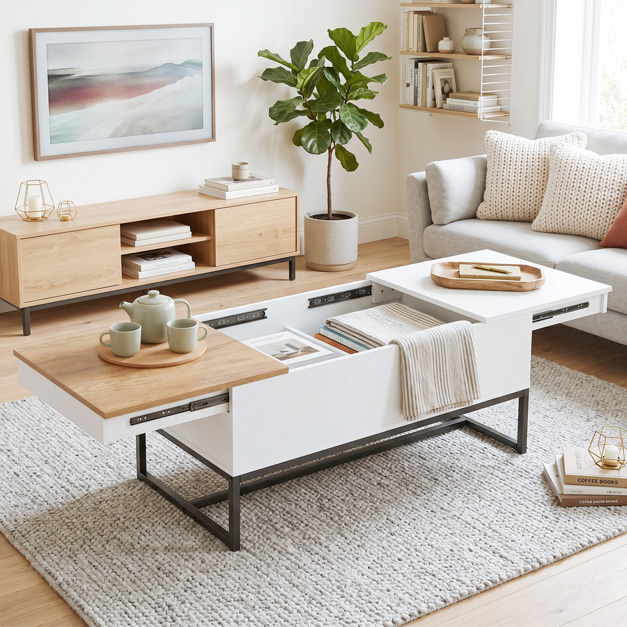 Aosom HOMCOM Couchtisch ausziehbar mit verstecktem Stauraum und Stahlbeinen, moderner Wohnzimmertisch in Eiche und Weiß, B/T/H: 100 x 50 x 45 cm - Bild 2