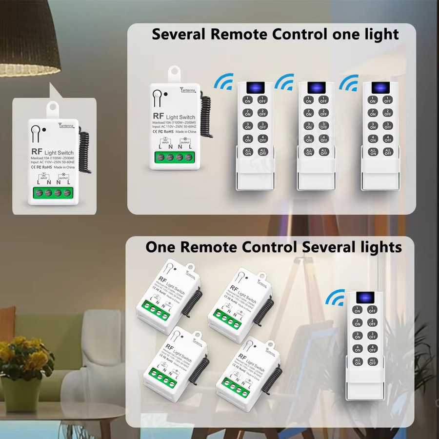 Tedeligo Drahtloser Lichtschalter mit RF-Handfernbedienung 433MHz, Mini-Relaisempfänger für LED-Deckenleuchten und Ventilatoren, Farbe: Weiß - Bild 3