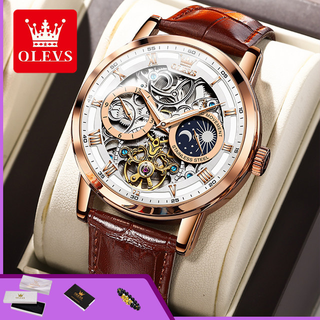 OLEVS Armbanduhr, Automatik, Skelett, Edelstahl, Leder, Herren - Bild 1