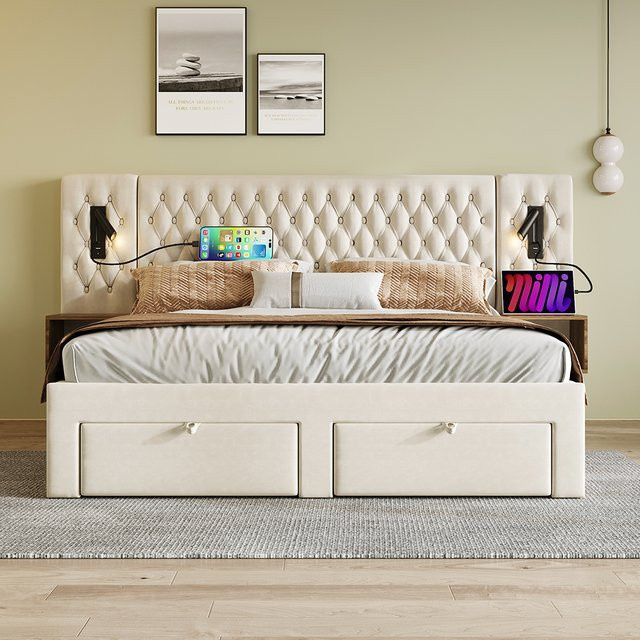KOMHTOM Polsterbett aus Samt in Beige mit 2 Nachttischen, 4 Schubladen, Kopfteil mit Leselicht und USB-Ladefunktion, Breite: 160 cm, Tiefe: 200 cm - Bild 1