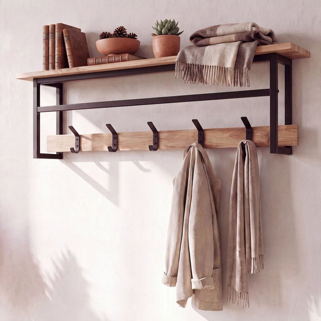 Finebuy Wandgarderobe aus Massivholz in Braun mit Ablage und 5 Haken im Scandinavian Design - Bild 1