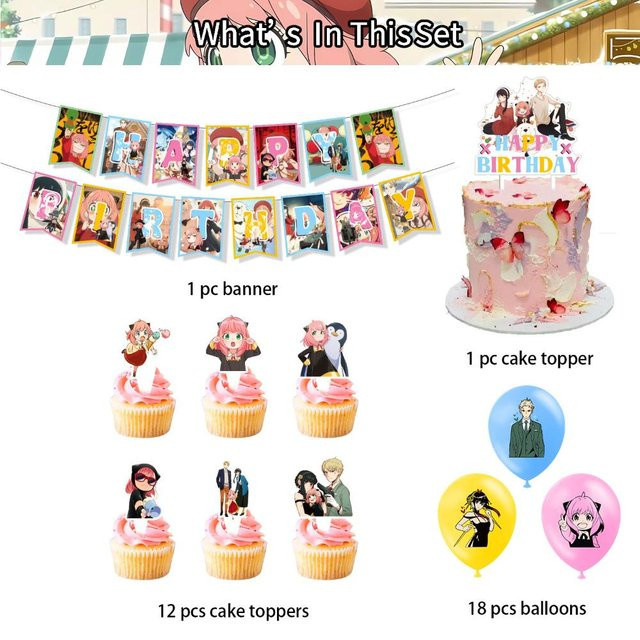 Skyfree Spy Family Geburtstagsdeko-Set 32-teilig in Beige mit Banner, Ballons und Kuchenaufsätzen - Bild 1