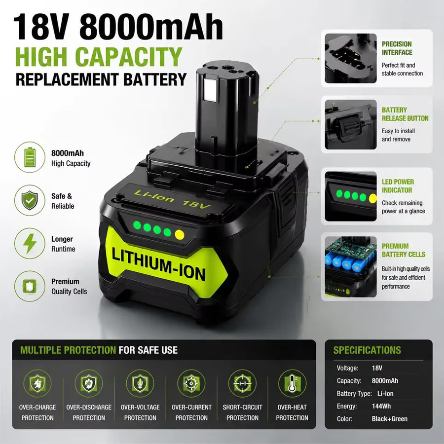 RYOBI 18V Lithium-Ionen-Akku One+ Plus 8000mAh in Schwarz für Elektrowerkzeuge - Bild 2