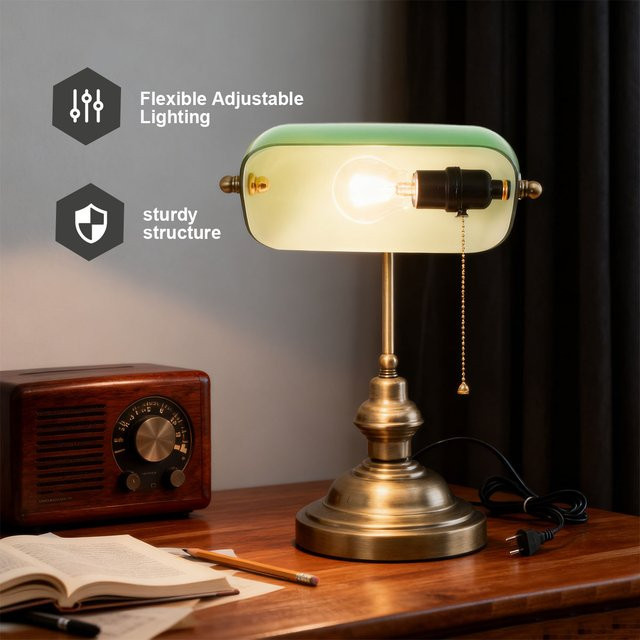 Moderne Banker-Schreibtischlampe in Grün mit Reißverschluss-Schalter und Messing-Details für Büro und Zuhause - Bild 1