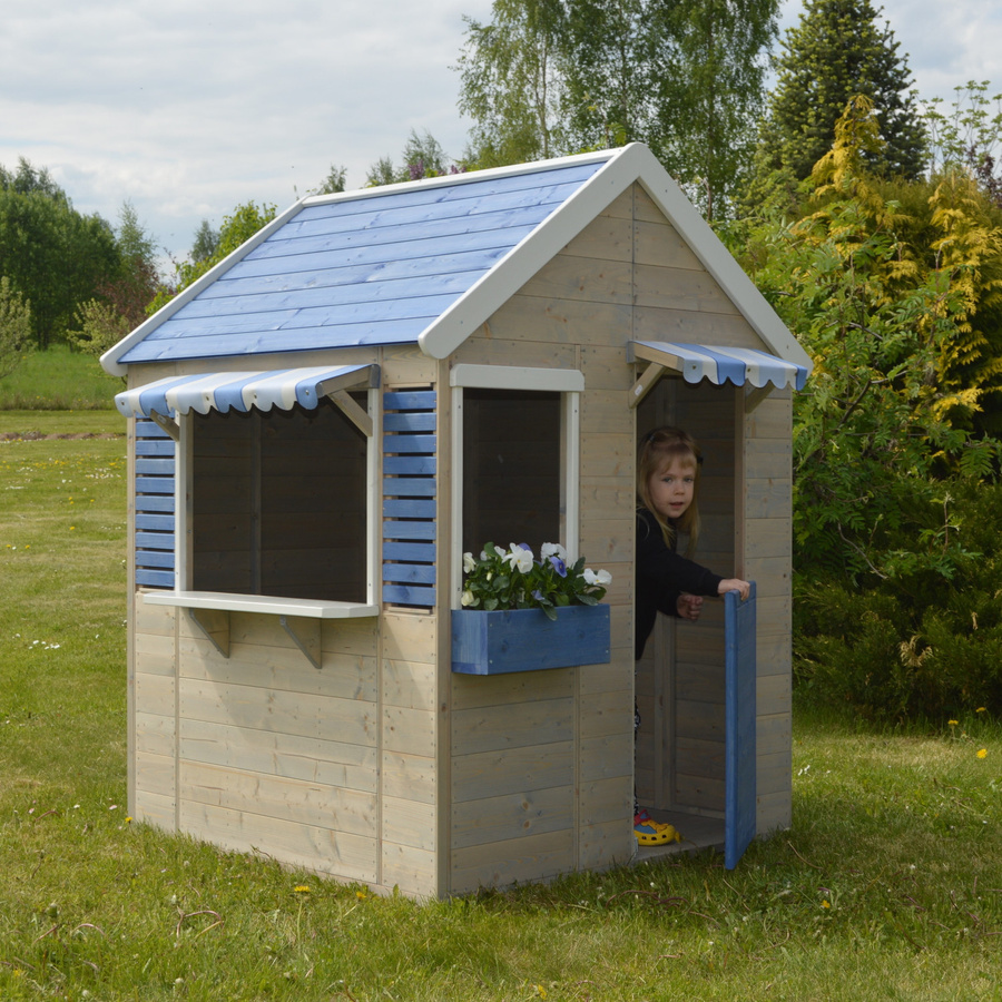 Wendi Toys Kinderspielhaus Delfin aus Holz mit Kaufladen-Fenster und Markisen, Blau/Natur - Bild 1
