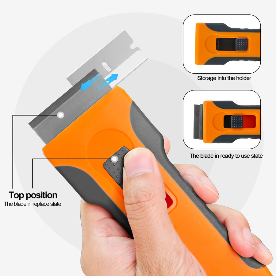 Einziehbarer Fensterglasschaber in Orange mit 5 Ersatzklingen als Fleckenreiniger für Kleber, Farbe und Aufkleber - Bild 3