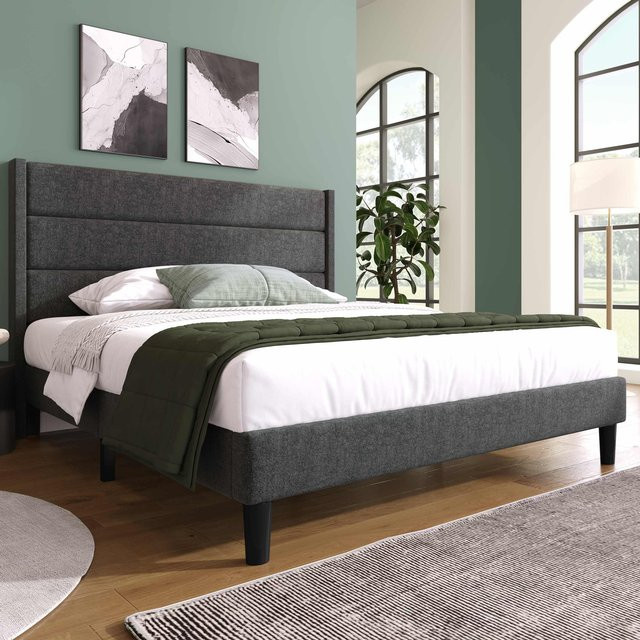Modernes gepolstertes Doppelbett mit Kopfteil und Lattenrost von Aosom in Dunkelgrau, B/T/H: 140 x 200 cm - Bild 1