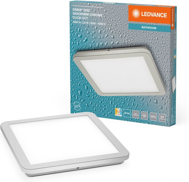 LEDVANCE ORBIS Disc Wand- und Deckenleuchte in Chrom, 22W, 1800lm, mit einstellbarer Farbtemperatur (Click CCT), B/B/H: 30 x 30 x 1 cm, IP44 Schutz für Badezimmer - Bild 1