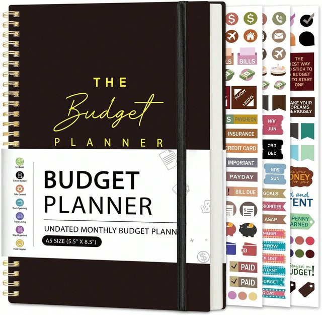 Binchi Outdoor Product A5 Unbefristeter Budgetplaner Rosa Monatlicher Finanzorganisator mit Ausgabenverfolgs-Aufklebern und Spiral-Hartcover in Schwarz - Bild 1